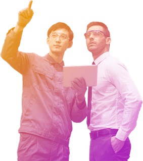 Two men pointing left