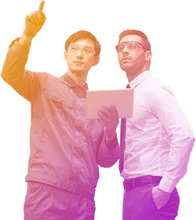 Two men pointing left